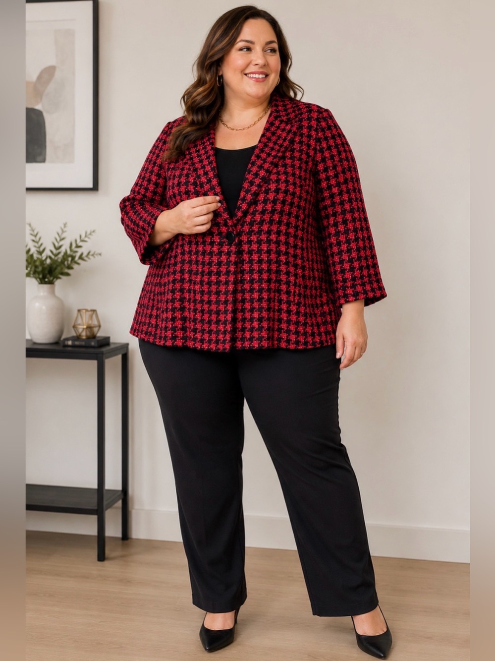Lane Bryant Red & Black Houndstooth Blazer Jacket Sz 26 Career Office Chic Plus